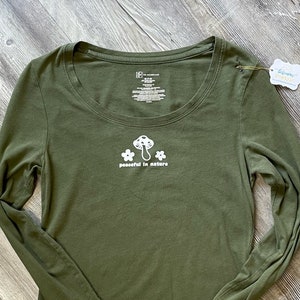 Restyled Peaceful In Nature Crop, Size M, Earth Tone, Olive Green Scoop Neck, Mushroom Top, Comfy Long Sleeve, Loungewear - Free Ship