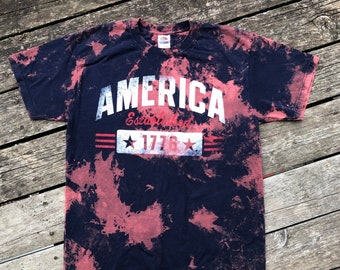 Restyled America America T Shirt, Size L, Bleach Dyed, Red White & Blue, Independence Day Fourth of July Tee - Free Ship