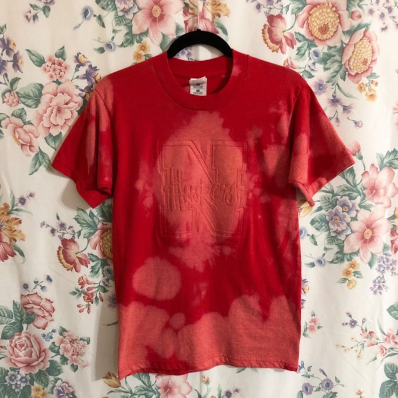 red white grunge distressed style FREE SHIP- Restyled Nebraska upcycled womens style t shirt size M football tailgate bleach splatters