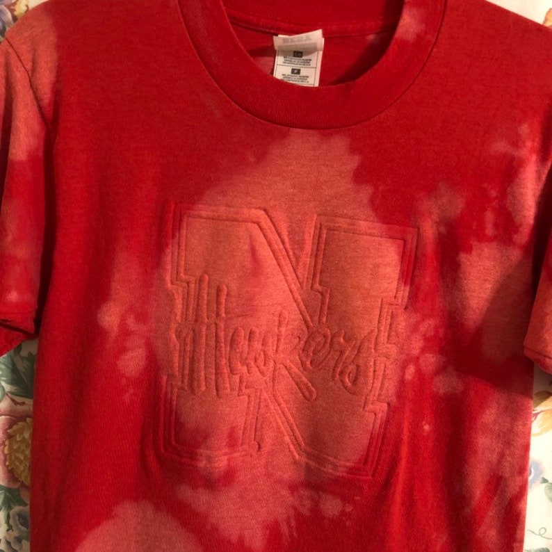 red white grunge distressed style FREE SHIP- Restyled Nebraska upcycled womens style t shirt size M football tailgate bleach splatters