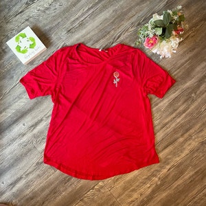 Restyled Red Rose Tee, Size L, Red, Embroidered, Loose Fit Flowy Shirt, Lounge Athleisure - Free Ship