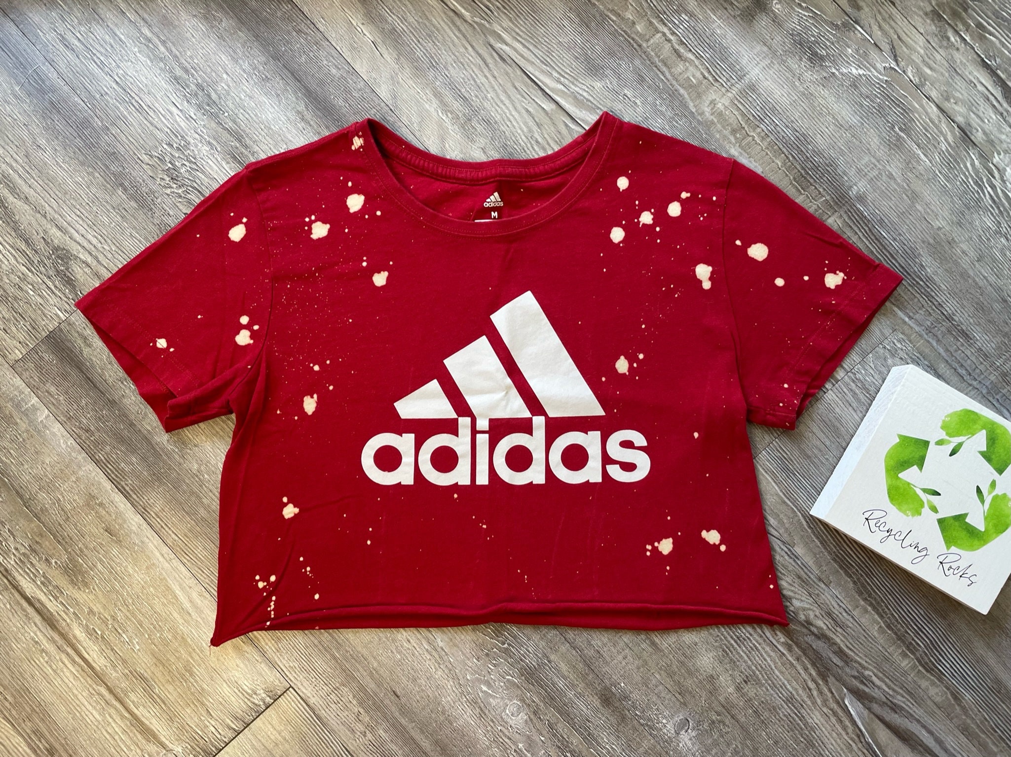 Restyled Adidas Short Crop Top, Size M, Red, Womens Top, Bleach Droplets,  90's Style Grunge, Sporty, Athletic Streetwear Tee - Free Ship