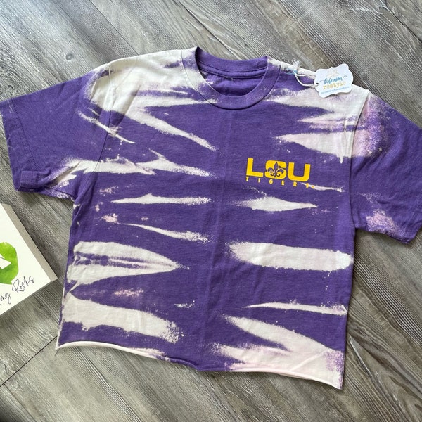 Restyled LSU Crop Top, Size XS, Reverse Bleach Tie Dye, Purple & Yellow, Crewneck Tiger Stripe Top, Tigers Sports, NCAA Sports - Free Ship