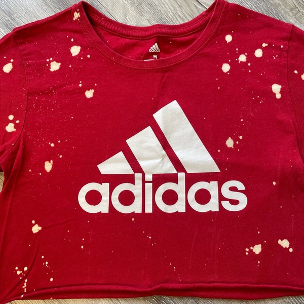 Restyled Adidas Short Crop Top, Size M, Red, Womens Top, Bleach Droplets,  90's Style Grunge, Sporty, Athletic Streetwear Tee - Free Ship