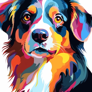 Könnte beinhalten: Ein farbenfrohes Pop-Art-Porträt eines Hundes. Das Fell des Hundes ist in leuchtenden Blau-, Orange-, Gelb- und Rosatönen dargestellt. Der Hund hat einen weißen Fleck im Gesicht und eine schwarze Nase. Der Hintergrund ist weiß.