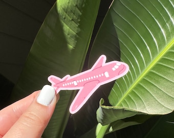 Puede incluir: Una pegatina de avión rosa sobre un fondo de hoja verde.