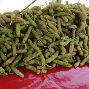 May include: A large pile of green mulberries on a red surface. The mulberries are small and elongated, with a slightly white hue.