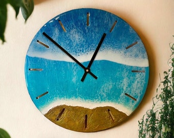 Ocean wall clock #18, epoxy resin on wooden canvas Ø44cm, home office decoration, wall picture hanging, gift idea