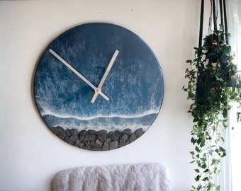 Ocean wall clock #6, epoxy resin on wooden canvas Ø38cm, wall clock sea beach, high-quality unique, gift idea