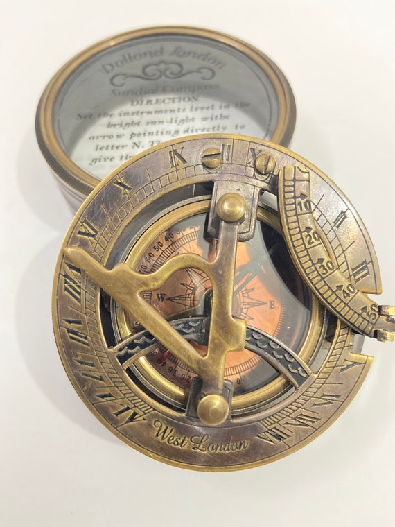 Antiker Messing Kompass Sonnenuhr West London Magnetisch Kompass Mit Holzkiste 