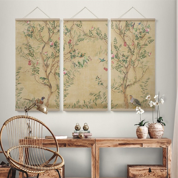 Chinoiserie Wall Hanger Floral Bird Wall Art | 3 Set Hanging Poster with Wood Frames 17"X36"