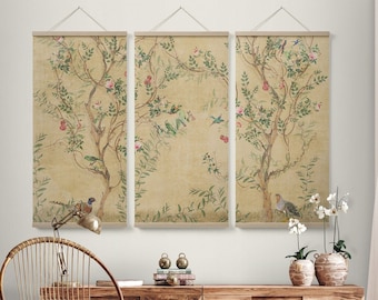 Chinoiserie Wall Hanger Floral Bird Wall Art | 3 Set Hanging Poster with Wood Frames 17"X36"