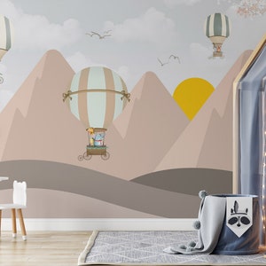 Sunrise Air Balloons Birds Baby Animals Lion Giraffe Elephant Row of Mountains Wallpaper Self Adhesive Peel & Stick Decorazione da parete