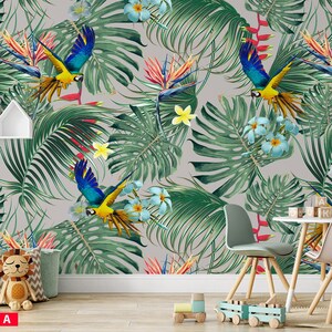 Tropical Leaves Colorful Birds Luxury Wallpaper Self Adhesive Peel and Stick Wall Decoration Minimalistic Scandinavian Design Removable