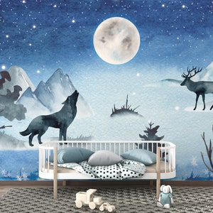 Lupo ululante Fullmoon Winter Deer Midnight Wallpaper Self Adhesive Peel & Stick Wall Mural Wall Decoration Scandinavian Design Rimovibile