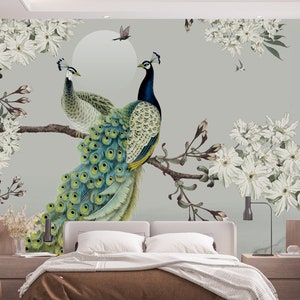 Peacock Paradise Wallpaper Spring Flowers Blooming on Branches Removable