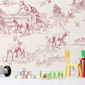 Pattern Scenes of Countryside Life with House Sheeps People Trees in Red Wallpaper Self Adhesive Peel and Stick Wall Decoration Removable