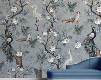 Crane and Peacock Bird Wallpaper | Floral Animal Peel and Stick Mural | Self Adhesive Wall Decor