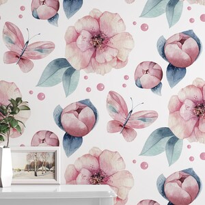 Pinkish Flowers Wallpaper Vintage Wall Decor Removable
