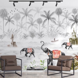 Boho Botanical Jungle Wallpaper Decorazione da parete a motivi di elefante rimovibile