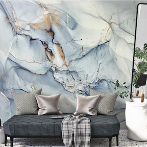 Abstract Tsunami Water Blue and Gray Color Gold Look Veins Wallpaper Self Adhesive Peel & Stick Wall Murals Wall Decoration Removable