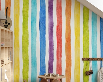 Rainbow Stripes Wallpaper: Watercolor Peel and Stick Removable Wall Decor