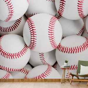 Baseballs Wallpaper White Background Peel and Stick Sports Wall Mural Young Bedroom Wall Art