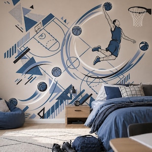 May include: A wall mural featuring a basketball player in mid-air performing a slam dunk, surrounded by abstract geometric shapes, basketball court diagrams, and multiple basketballs in shades of blue, black, and white on a light beige wall.