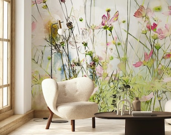 Cosmos Flower On Cool Tone Background Flowers Floral Wallpaper Self Adhesive Peel and Stick Wall Murals Wall Decoration Removable