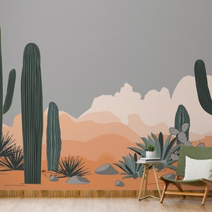 Desert Agave and Saguaro Cacti Mountains Background Wallpaper Self Adhesive Peel and Stick Wall Murals Wall Decoration Removable