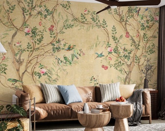 Lentebloemen Vogels op de gele achtergrond Bloemen Chinoiserie Behang Zelfklevend Peel and Stick Wanddecoratie Verwijderbaar