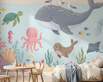 Ocean Friends Wallpaper Mural For Nursery With Smiling Whale And Seagulls