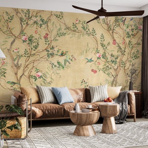 Frühlings-Blumen-Vögel auf dem gelben Hintergrund Floral Chinoiserie Wallpaper Selbstklebende Schälen und Stick-Wanddekoration entfernbar