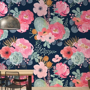 Watercolor Colorful Flowers On The Dark Background Wallpaper Self Adhesive Peel and Stick Wall Mural Wall Decoration Design Removable