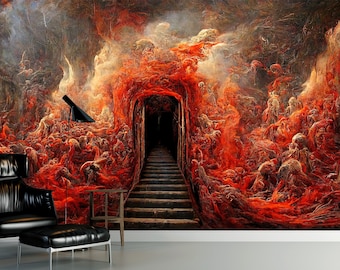 Hell Caves Wallpaper Crimson Wall Mural Fire and Blood Peel and Stick Wall Decor Removable