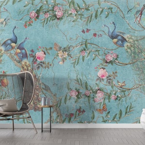 Flowers and Peacock on The Blue Background Floral Chinoiserie Wallpaper Self Adhesive Peel and Stick Wall Mural Wall Decoration Removable