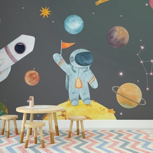 L'astronauta che saluta la luna Sistema solare Pianeti Ammassi stellari Carta da parati spaziale Autoadesiva Decorazione murale rimovibile