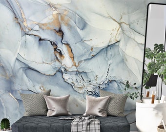 Abstract Tsunami Water Blue and Gray Color Gold Look Veins Wallpaper Self Adhesive Peel & Stick Wall Murals Wall Decoration Removable