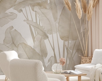 Banana Leaf Wallpaper Tropical Wall Mural Beige Peel and Stick