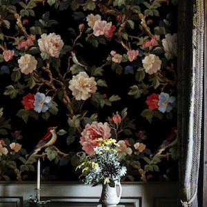Carta da parati di lusso con uccelli e fiori botanici, sfondo scuro, motivo floreale e uccelli, stacca e attacca la carta da parati murale