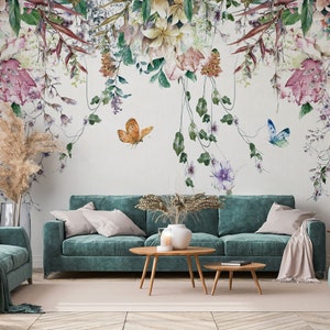 Bunte Blumen und Blätter Floral Tapete Selbstklebendes Schälen und Aufkleben Wandbild Wanddekoration Minimalistisch Skandinavisch Abnehmbar