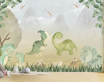 Papier peint dinosaure mignon papier peint vert chambre d'enfant peler et coller