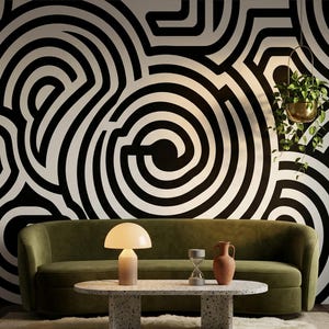 Geometric Wallpaper With Monochrome Curves For Modern Living Room