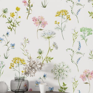 Carta da parati con fiori di primavera Decorazione da parete con camomilla Piante colorate Decorazione murale con buccia e bastone