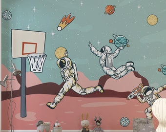 Astronaute papier peint basket-ball murale espace peler et coller planète mur Art pépinière mur décor