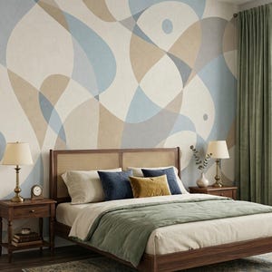 Abstrakt tapet Mid-Century blå beige kurvor för sovrum