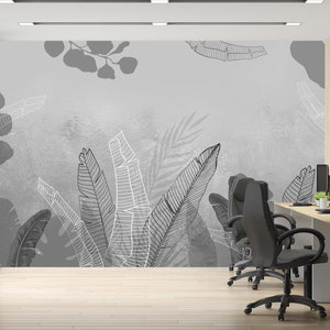 Carta da parati a foglie grandi Foglia grigia Wall Art Grunge Background Peel and Stick Abstract Plant Wall Mural