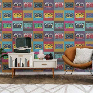 Cassetta a nastro colorato Carta da parati musicale vintage Carta da parati autoadesiva staccabile e incollabile Decorazione murale Design scandinavo Rimovibile