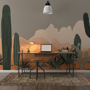 Desert Agave and Saguaro Cacti Mountains Background Wallpaper Self Adhesive Peel and Stick Wall Murals Wall Decoration Removable