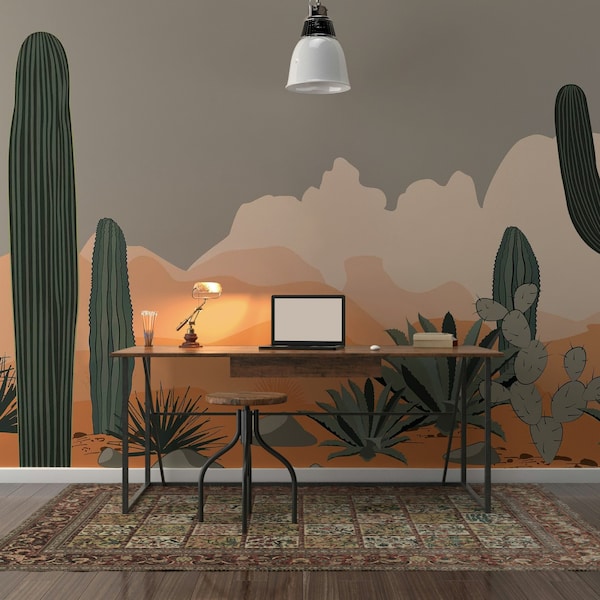 Desert Agave and Saguaro Cacti Mountains Background Wallpaper Self Adhesive Peel and Stick Wall Murals Wall Decoration Removable